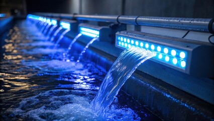 Poster - A closeup image of UV dis lights glowing brightly as water flows past them emphasizing the key role of light in purifying the water.