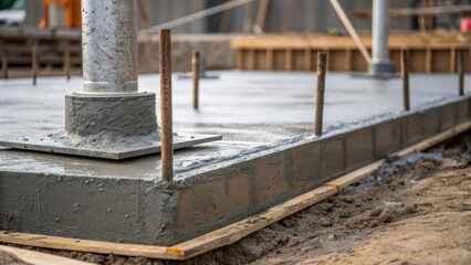 Aufkleber - A closeup of a concrete foundation being poured for a cooling tower with wet concrete textures and tools indicating the initial stages of construction.
