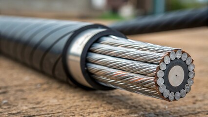 Aufkleber - A closeup of a completed highstrength cable its rugged exterior visible with metal reinforcement spirals signifying its readiness for demanding industrial applications.