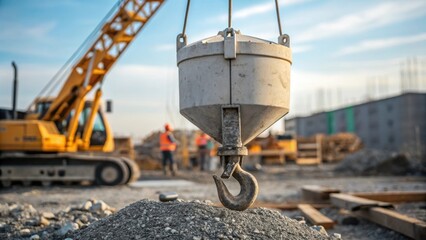 Poster - A closeup of a concrete mixer being lifted by the cranes hook with debris and gravel strewn on the ground illustrating the active construction environment.