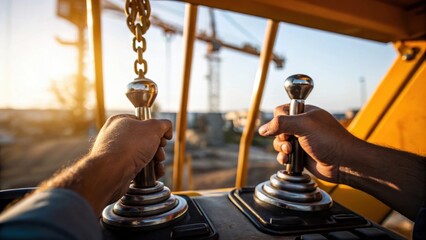 Aufkleber - A closeup of a crane operators hands gripping the joystick controls with glistening metal levers reflecting sunlight while construction materials dangle from the cranes hook below.
