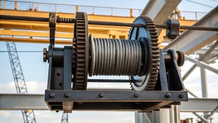 Aufkleber - A closeup of a cranes winch assembly showcasing the intricate gears and cables that work together to lift a hefty steel beam at a construction site.