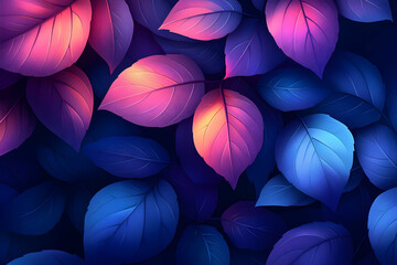Wall Mural - Neon leaves glow, dark background, design texture