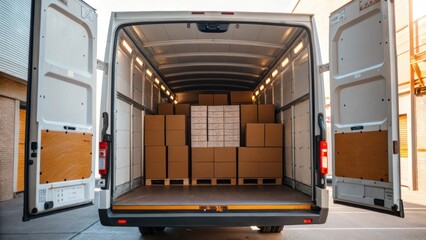 Poster - A closeup of a delivery trucks open rear doors revealing organized rows of boxes inside bathed in natural light filtering through the warehouse.