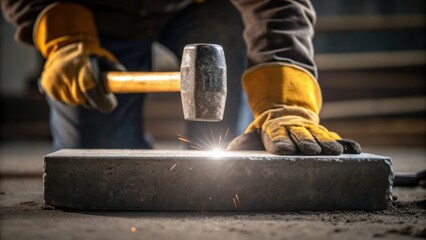 Aufkleber - A closeup of a laborers gloved hands using a sledgehammer on a concrete slab with the impact momentarily brightening their face in the stark work light.