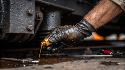 Poster - A closeup of a laborers gloved hand applying a lubricant to a moving part of a boiler with grease stains and tools tered nearby.
