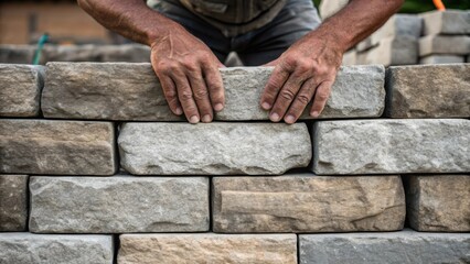 Aufkleber - A closeup of a laborers hands carefully stacking heavy interlocking stone blocks for a retaining wall showing the texture of the stones and the strain of the effort.