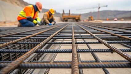 Aufkleber - A closeup of a large steel rebar grid being positioned on the dam site with construction workers in safety gear adjusting the bars symbolizing the strength needed for the
