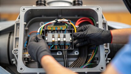 Aufkleber - A closeup of an open motor housing showcasing intricate wiring and a technicians gloved fingers meticulously untangling the connections highlighting attention to detail.