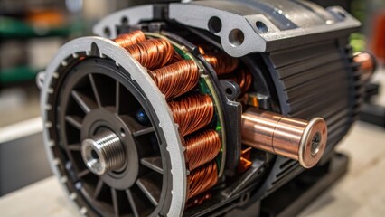 Poster - A closeup of a partially disassembled motor with shiny copper windings exposed capturing the complexity and craftsmanship involved in industrial motor repairs.