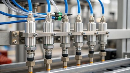 Aufkleber - A closeup of a pneumatic system detailing tubes and valves as compressed air swiftly operates the packaging machinery for efficient movement and sealing processes.