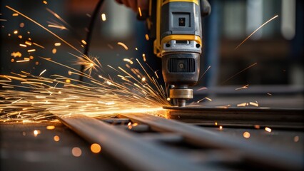 Poster - A closeup of a power tool in action with sparks flying as a worker s through metal showcasing the intensity and dynamism of the construction process.