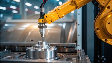 Aufkleber - A closeup of a robotic arm applying lubrication to a joint showcasing the intricate mechanics and the reflective surface of the machinery in the background.