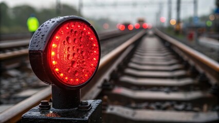 Poster - A closeup of a rail signal illuminated in bright red with water droplets glistening on the surface reflecting the efforts of the workers around it.