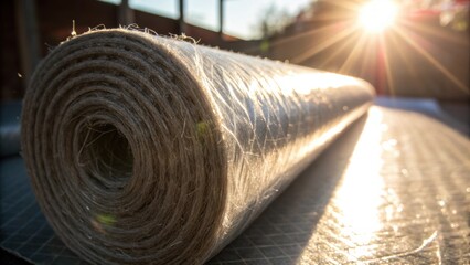 Poster - A closeup of a rolledup insulation material being unwrapped with sunlight streaming in creating a lens flare that accentuates the fibers as they are exposed to the air.