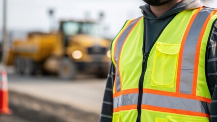 Poster - A closeup of a safety vest worn by a construction worker with a prominent reflective stripe highlighting the importance of visibility in areas with heavy machinery and pedestrian