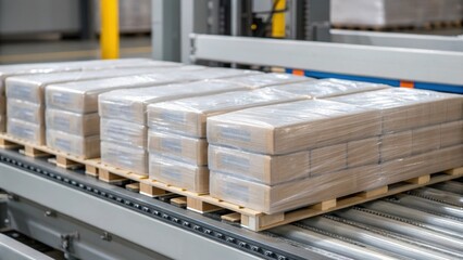Poster - A closeup of a pallet covered with wrapped goods illustrating the finished aspect of the automated palletizing process with a focus on the complete layers and uniformity.