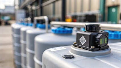Poster - A closeup of a sensor p on the side of a container with intricate detailing of its technology and a blurred view of containers in the background.