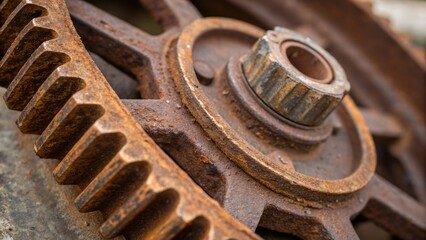 Poster - A closeup of a rusted metal gear wheel showing intricate teeth and signs of corrosion suggesting the need for oiling and maintenance.