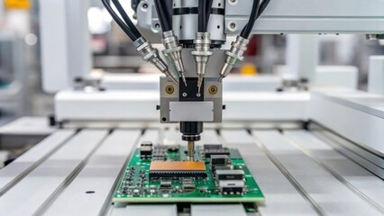 Aufkleber - A closeup of a robotic gripper finely designed with multiple sensors gripping a delicate electronic circuit board in a highprecision assembly environment.