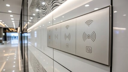 Fototapete - A closeup of a sleek touchsensitive wall panel with fingerprints visible symbolizing user interaction with advanced smart controls in a modern commercial space.