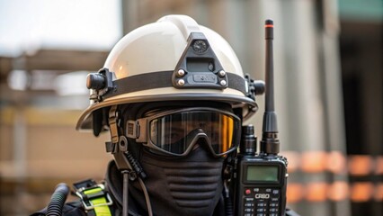 Poster - A closeup of a safety helmet adorned with advanced communication gear highlighting the attention to detail in safety protocols during the installation.