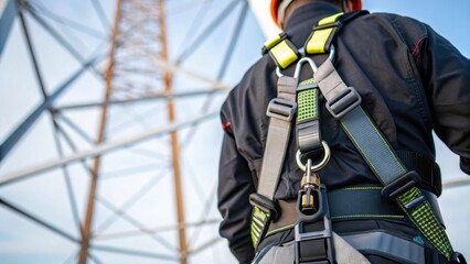 Aufkleber - A closeup of a safety harness attached to a worker showcasing the intricate ss and clips while they prepare to ascend a transmission tower.
