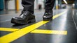 © DigitalSpace - A closeup of a supervisors shoes stepping over a marked safety zone on the ground symbolizing the constant vigilance required in maintaining safety standards.
