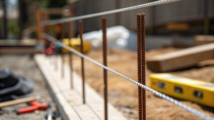 Aufkleber - A closeup of a string line tightly strung between stakes showcasing the precision needed in construction with construction tools and materials blurred in the background.