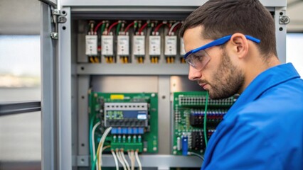 Poster - A closeup of a technician checking the wiring connections on the back of an automated weighing unit with an array of circuit boards and components in sharp focus.