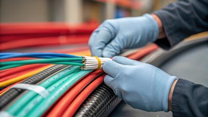 Aufkleber - A closeup of a technicians hands wearing gloves as they apply specialized adhesive to layers of material illustrating the attention to detail in cable assembly.