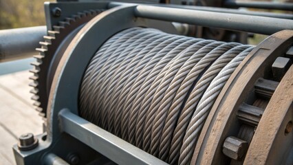 Poster - A closeup of a spooling device pulling on a thick cable highlighting the tension and mechanical precision involved in the winding process.