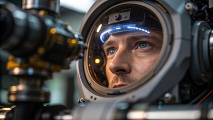 Poster - A closeup of a technicians eye focused intently on a robotic display capturing the intricate detail of the equipment as reflections glimmer in the lens.