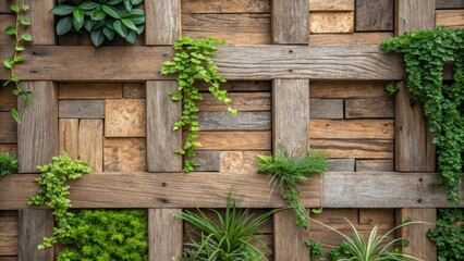 Poster - A closeup of a textured wooden frame adorned with sustainable materials interspersed with pockets of greenery conveying the theme of ecofriendly construction in urban environments.