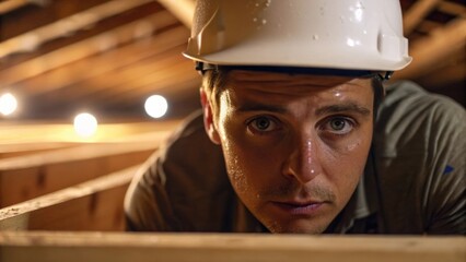Poster - A closeup of a workers face concentrated and slightly sweating as they carefully fit insulation into place between floor joists. The warm glow of surrounding light highlights their