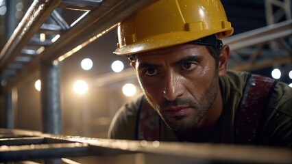 Poster - A closeup of a workers brow furrowed in concentration sweat glistening under the site lights illustrating the effort involved in assembling prefabricated structures.