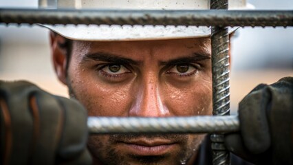 Poster - A closeup of a workers face focused on aligning rebar sweat glistening on their brow highlighting the concentration and effort involved.