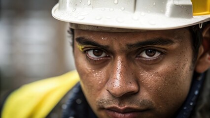 Poster - A closeup of a workers face sweat on their brow as they focus intently on a task capturing the intensity and dedication of those involved in the assembly process.