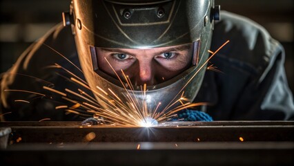 Poster - A closeup of a workers face showing concentration as they weld metal parts of the silo together with sparks flying and tools resting beside them.