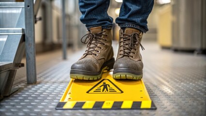 Poster - A closeup of a workers feet in steeltoed boots stepping over a caution sign on the floor showcasing the emphasis on safety awareness and preparedness.