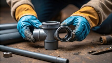 Aufkleber - A closeup of a workers hands gloved in rubber carefully inspecting the quality of a pipe fitting before installation with dirt and tools tered nearby.