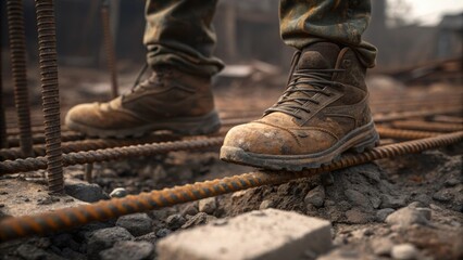 Poster - A closeup of a workers muddy boots stepping over twisted rebar and concrete chunks symbolizing the gritty realism of the demolition process on the ground.