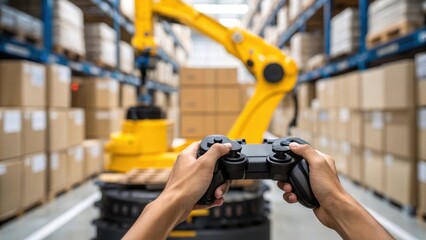 Aufkleber - A closeup of a workers hands gripping the joystick controls with the robotic cranes mechanical arm precisely lifting boxes from a storage rack.