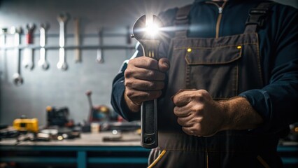 Poster - A closeup of a workers hands gripping a tool firmly with a bright workspace illuminated in the background illustrating industriousness.