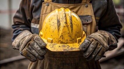 Aufkleber - A closeup of a workers protective geargloves and hard hatwith muddy streaks symbolizing the grit and determination of the construction crew during the irrigation project.