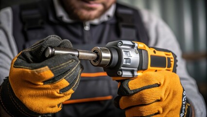 Aufkleber - A closeup of a worker tightening a bolt with a batterypowered impact wrench showcasing the intricate details of their gloves and the tools design emphasizing precision in assembly.