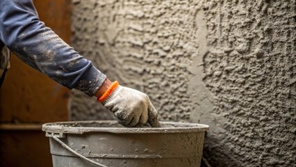 Poster - A closeup of a workers sleeve as they mix a bucket of concrete with the textured gritty surface of the wall visible in the background.