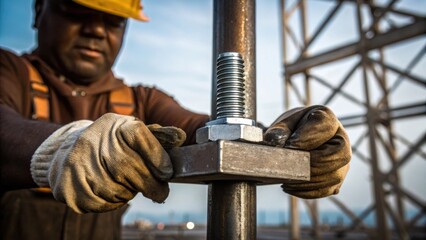 Poster - A closeup of a worker tightening a nut on a steel bracket with greasestained hands and a focused expression against a backdrop of steel structures.