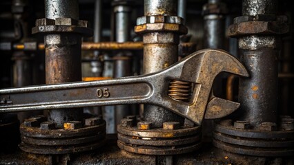 Poster - A closeup of a wrench gripping a rusty bolt amidst a labyrinth of pipes and valves with oil stains and grease visible on the surrounding surfaces highlighting the manual effort