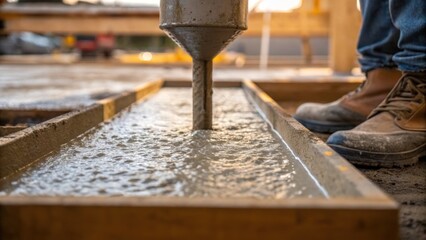 Aufkleber - A closeup of concrete being poured into a mold to form a silo base with the texture of the wet concrete glistening in the light and a workers boot in the frame.